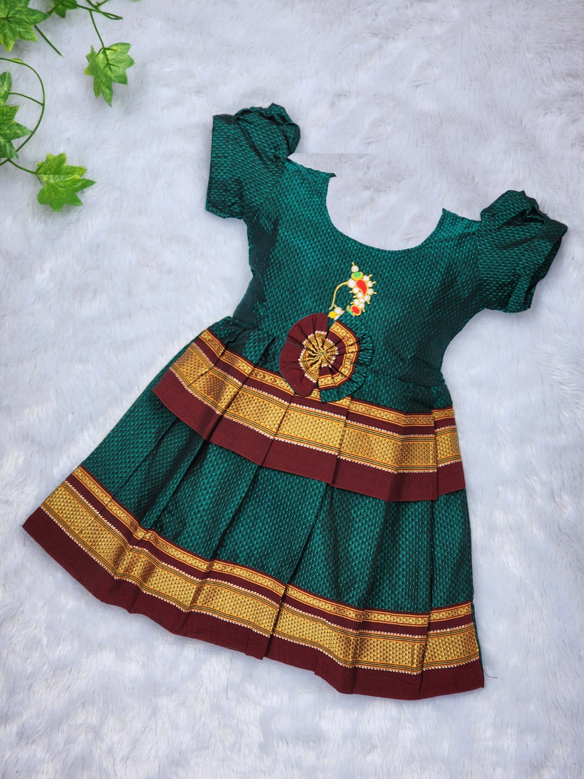 Amba Collection Boutique's Girl's Traditional Ethnic Wear Reshim Cotton Nath Khan Frock Peacock Green