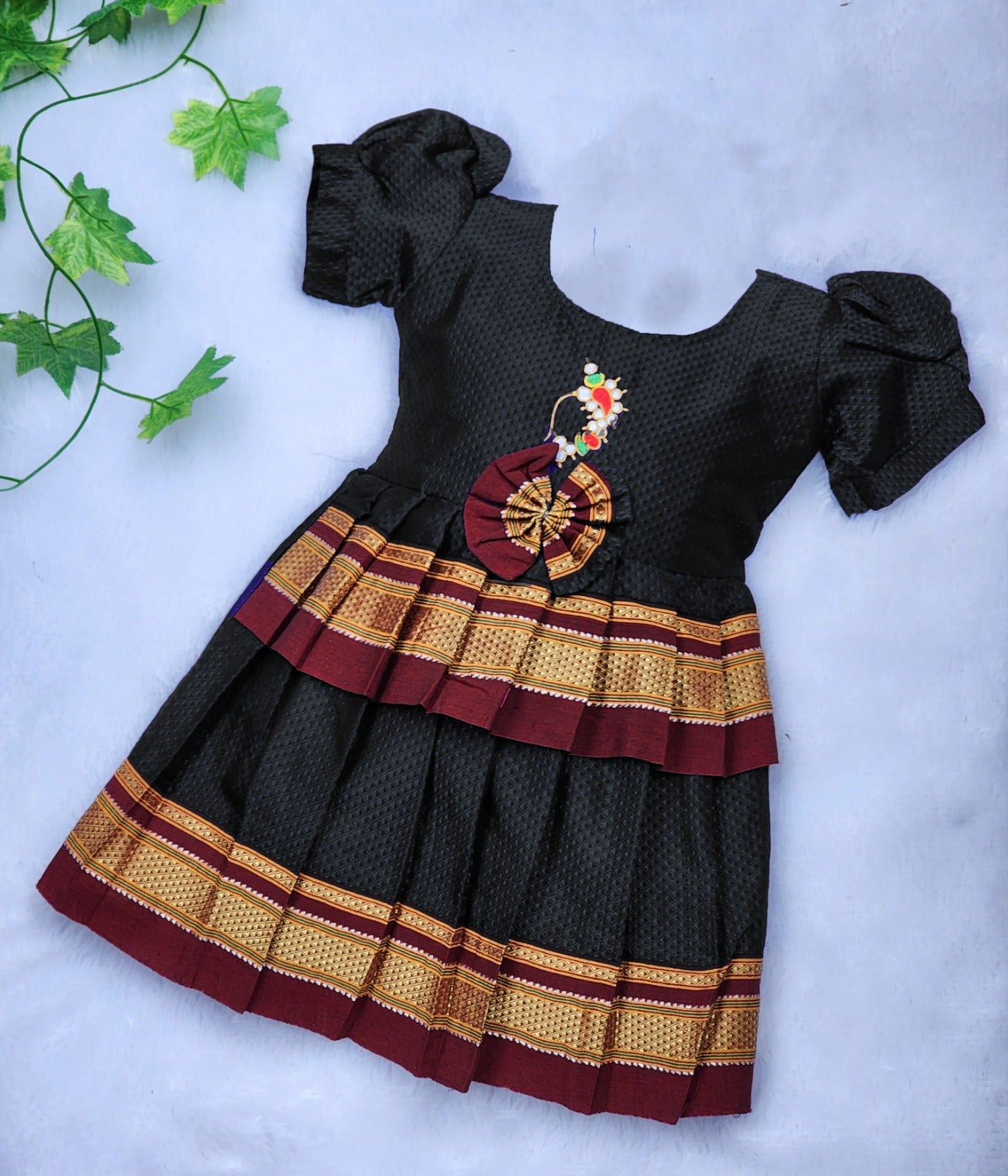 Amba Collection Boutique's Girl's Traditional Ethnic Wear Reshim Cotton Nath Khan Frock Black