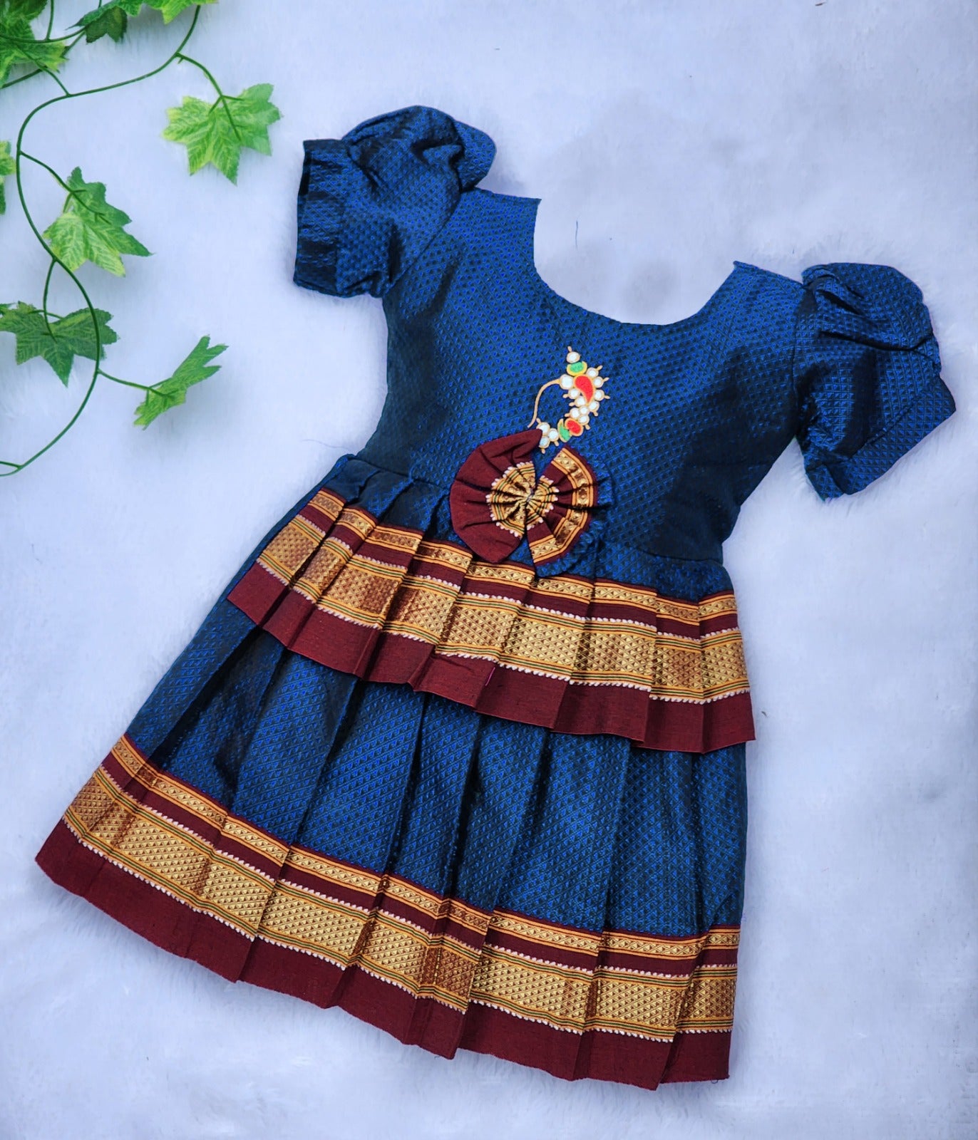 Amba Collection Boutique's Girl's Traditional Ethnic Wear Reshim Cotton Nath Khan Frock Blue