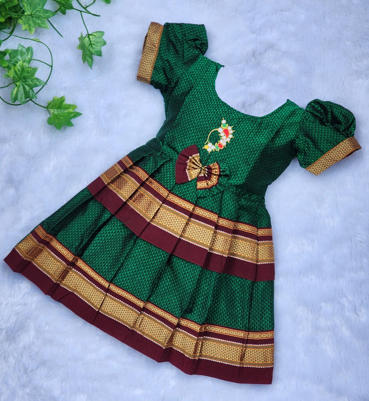 Amba Collection Boutique's Girl's Traditional Ethnic Wear Reshim Cotton Nath Khan Frock Green