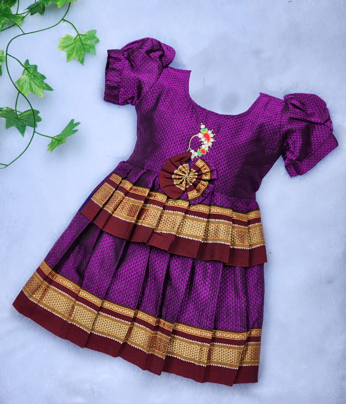 Amba Collection Boutique's Girl's Traditional Ethnic Wear Reshim Cotton Nath Khan Frock Purple