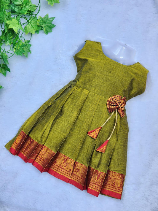 Amba Collection Boutique Girl's New Traditional Ethnic Wear Narayanpeth Masarai Silk Sleeveless Frock mehendi