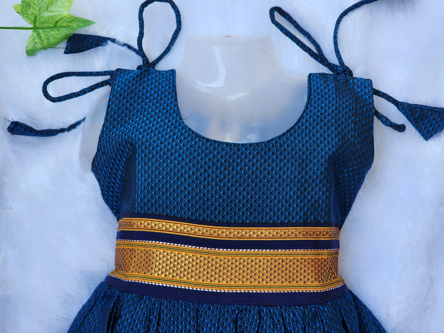 Amba Collection Boutique's Girl's Traditional Ethnic Wear Reshim Cotton Khan Knot Frock Blue With Blue Border