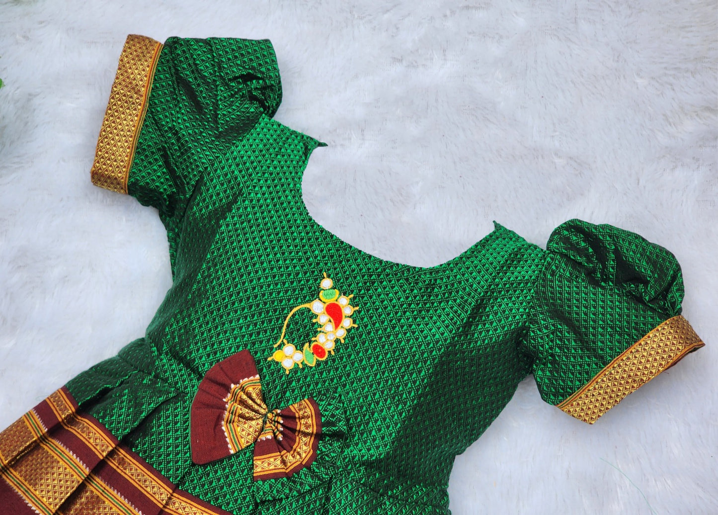 Amba Collection Boutique's Girl's Traditional Ethnic Wear Reshim Cotton Nath Khan Frock Green