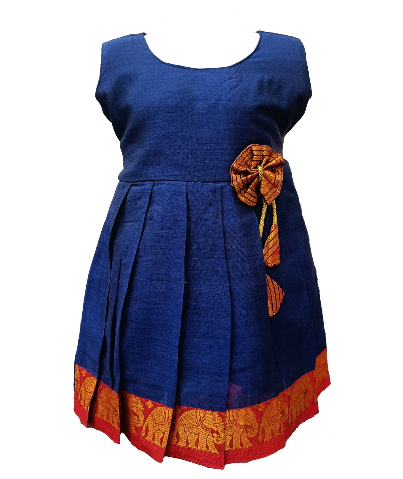 Amba Collection Boutique Girl's New Traditional Ethnic Wear Narayanpeth Masarai Silk Sleeveless Frock Prussian Blue