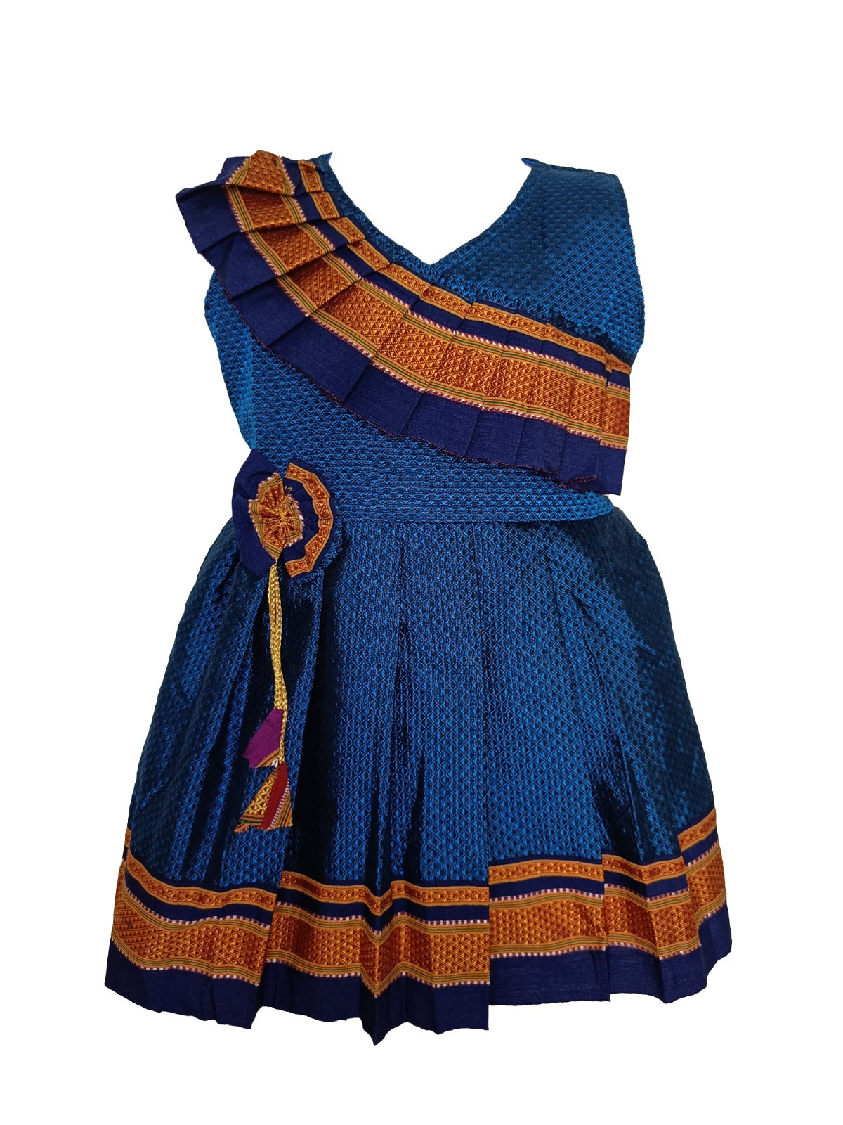 Amba Collection Boutique's Girl's Traditional Ethnic Wear Reshim Cotton Khan Side Freel Frock Blue