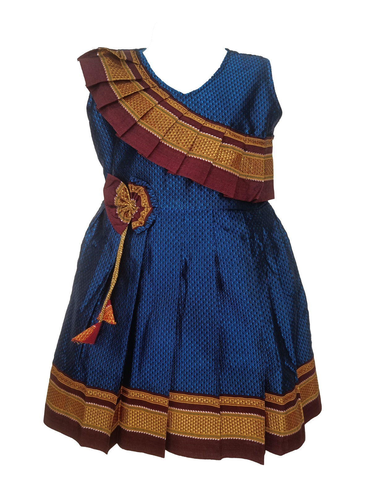 Amba Collection Boutique's Girl's Traditional Ethnic Wear Reshim Cotton Khan Side Freel Frock Blue With Brown Border