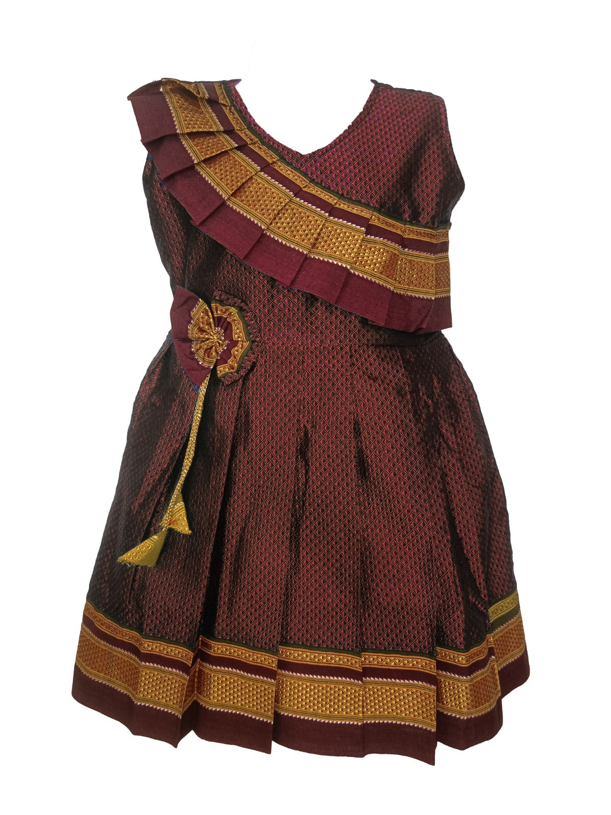 Amba Collection Boutique's Girl's Traditional Ethnic Wear Reshim Cotton Khan Side Freel Frock Brown