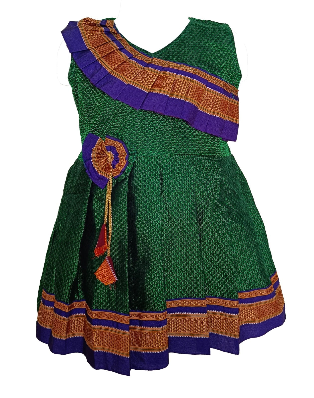 Amba Collection Boutique's Girl's Traditional Ethnic Wear Reshim Cotton Khan Side Freel Frock Green