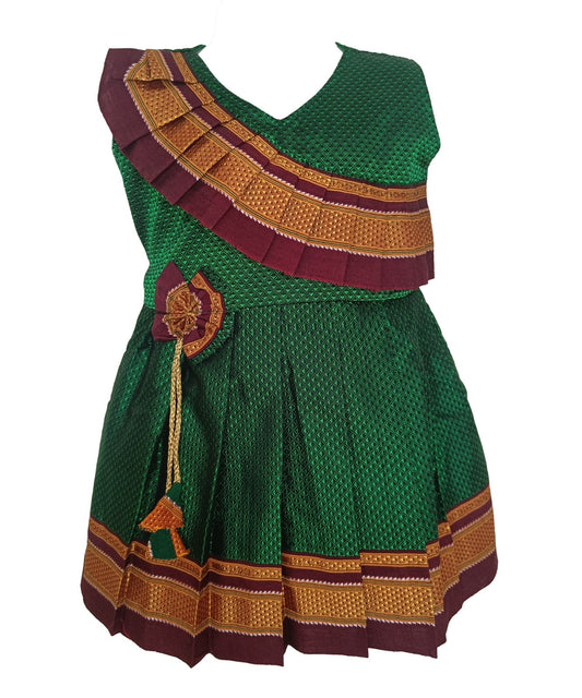 Amba Collection Boutique's Girl's Traditional Ethnic Wear Reshim Cotton Khan Side Freel Frock Green With Brown Border