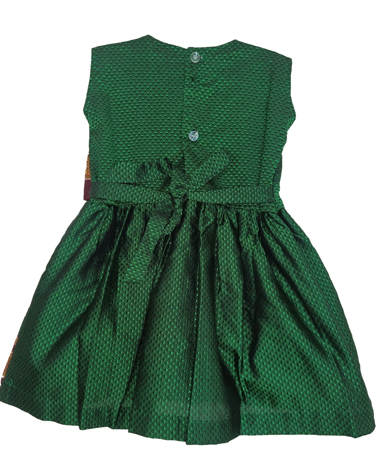 Amba Collection Boutique's Girl's Traditional Ethnic Wear Reshim Cotton Khan Side Freel Frock Green With Brown Border