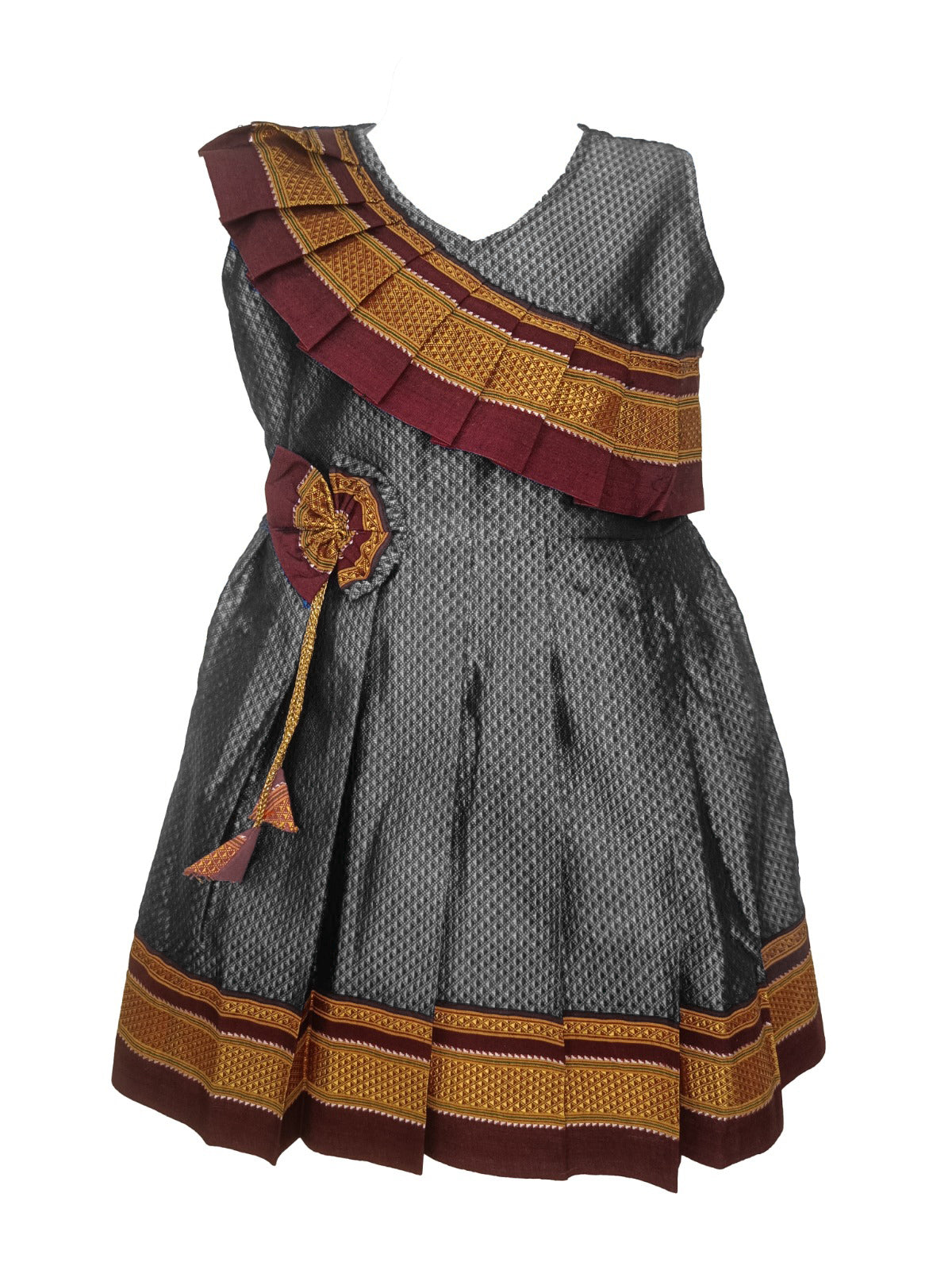 Amba Collection Boutique's Girl's Traditional Ethnic Wear Reshim Cotton Khan Side Freel Frock Grey