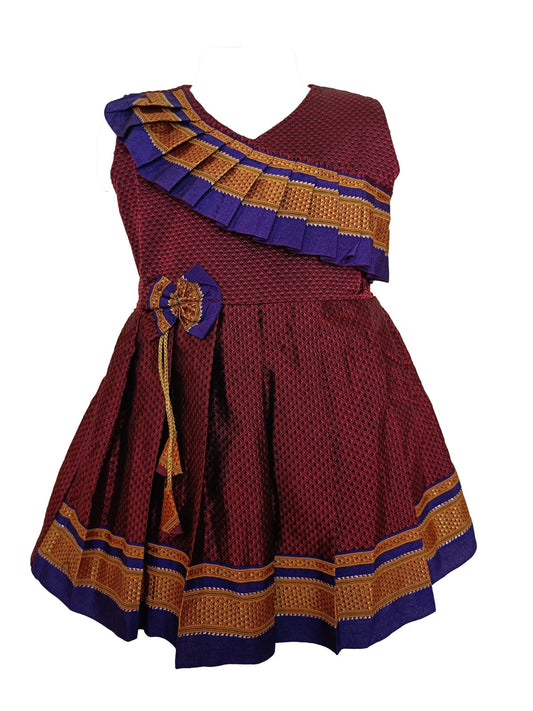 Amba Collection Boutique's Girl's Traditional Ethnic Wear Reshim Cotton Khan Side Freel Frock Maroon