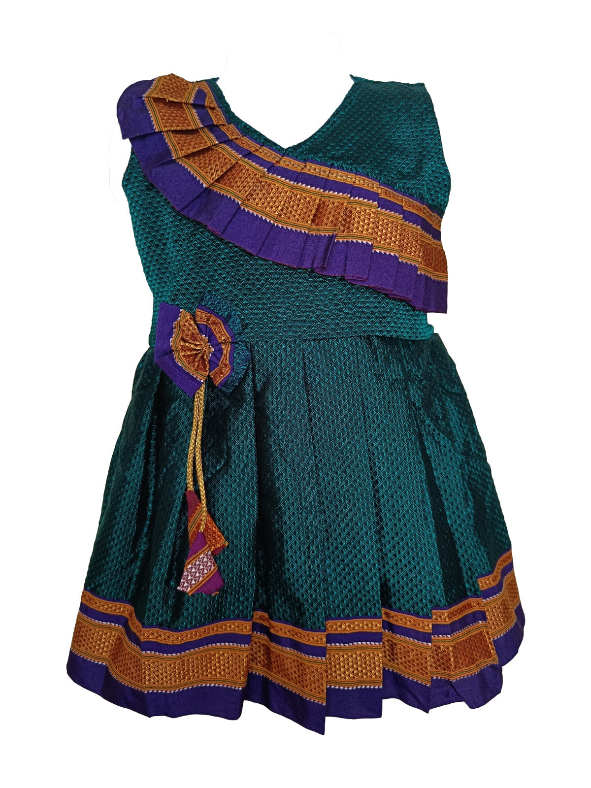 Amba Collection Boutique's Girl's Traditional Ethnic Wear Reshim Cotton Khan Side Freel Frock Peacock Green