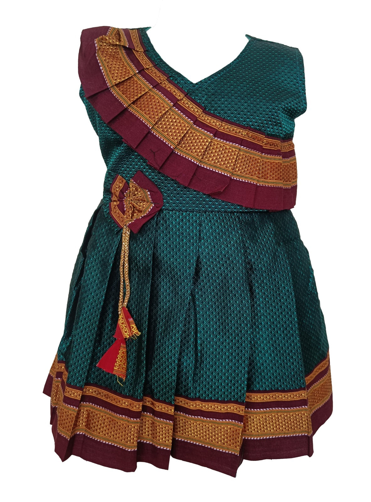 Amba Collection Boutique's Girl's Traditional Ethnic Wear Reshim Cotton Khan Side Freel Frock Peacock Green With Brown Border