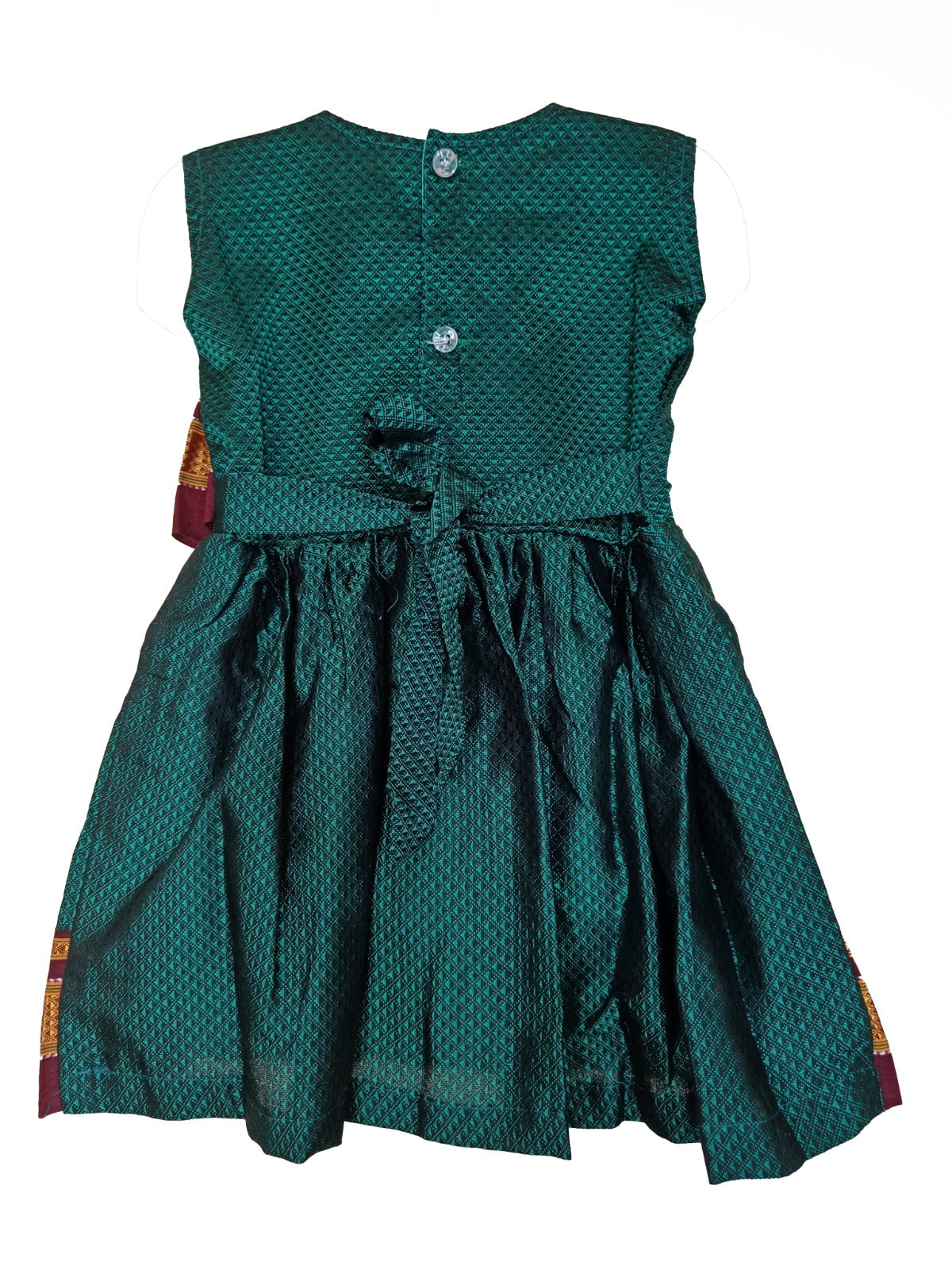 Amba Collection Boutique's Girl's Traditional Ethnic Wear Reshim Cotton Khan Side Freel Frock Peacock Green With Brown Border