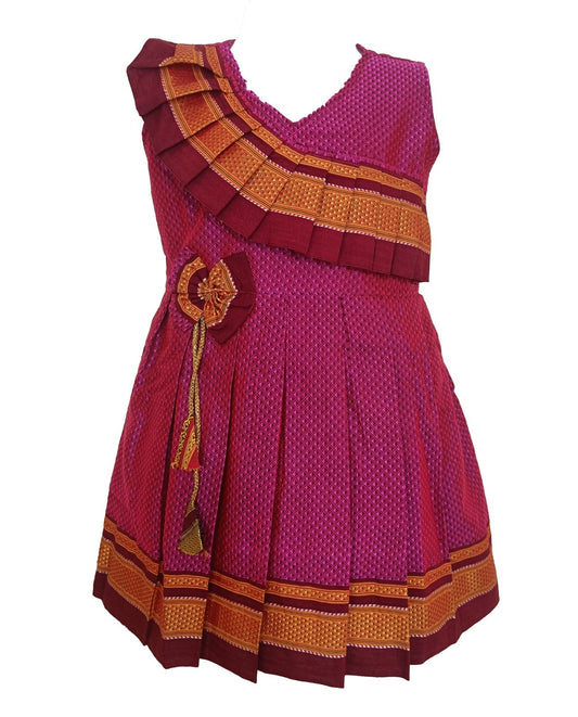 Amba Collection Boutique's Girl's Traditional Ethnic Wear Reshim Cotton Khan Side Freel Frock Pink With Brown Border