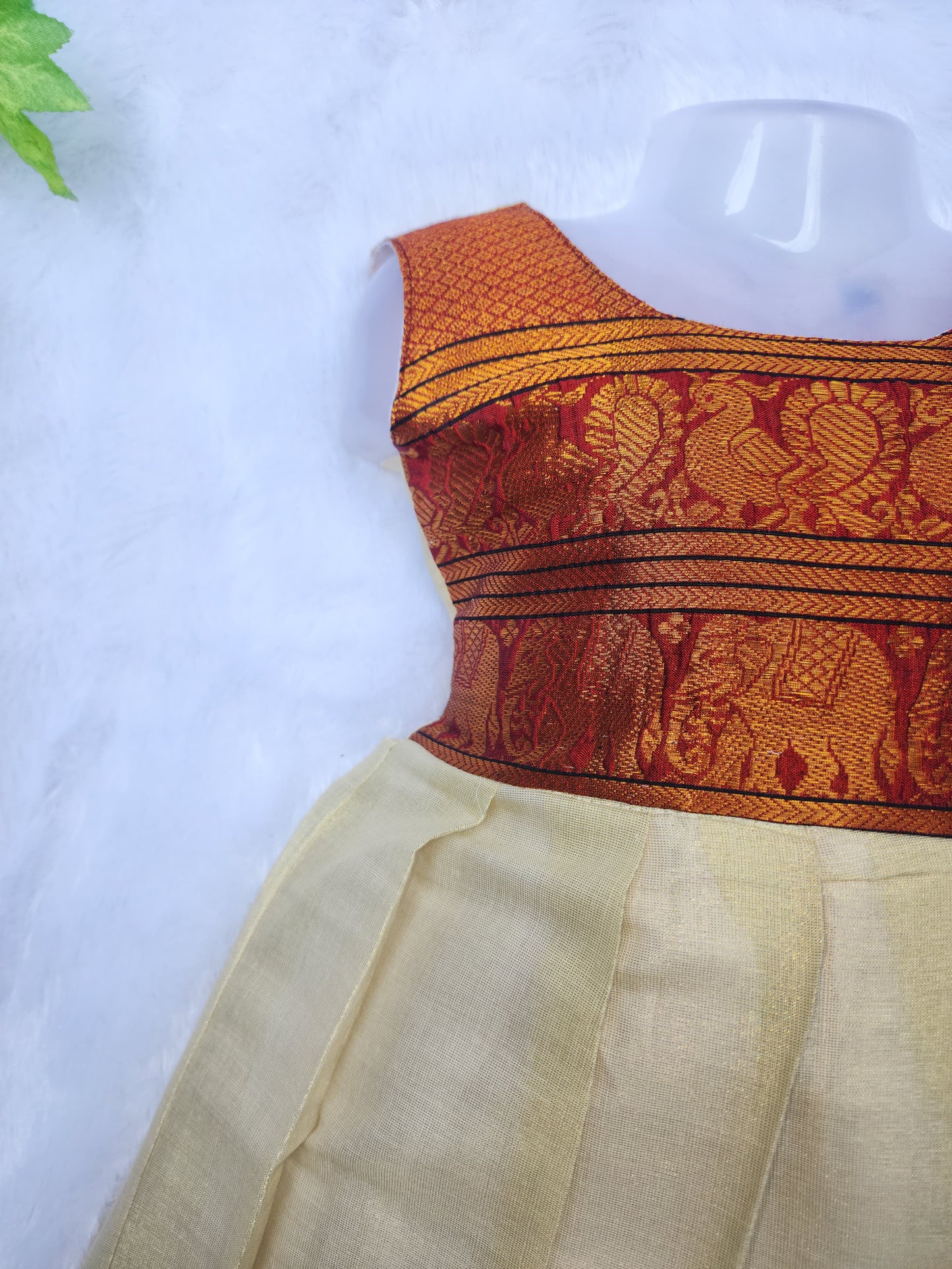 Amba Collection Boutique Girl's Traditional Ethnic Wear NarayanPeth Red Design with South Tissue Bottom Sleeveless Frock