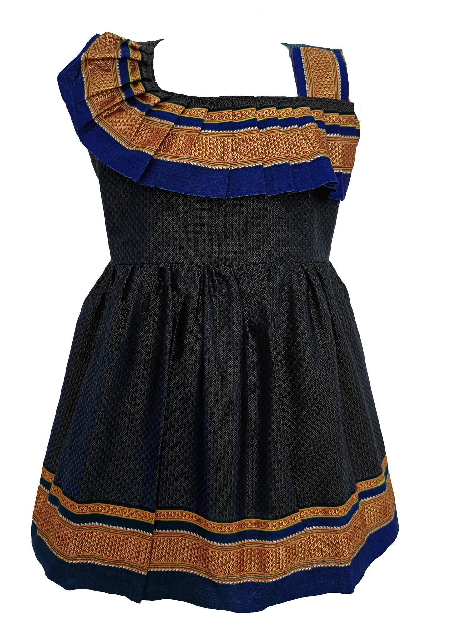 Amba Collection Boutique's Girl's Traditional Ethnic Wear Reshim Cotton Khan Shoulder Freel Black Frock With Blue Border