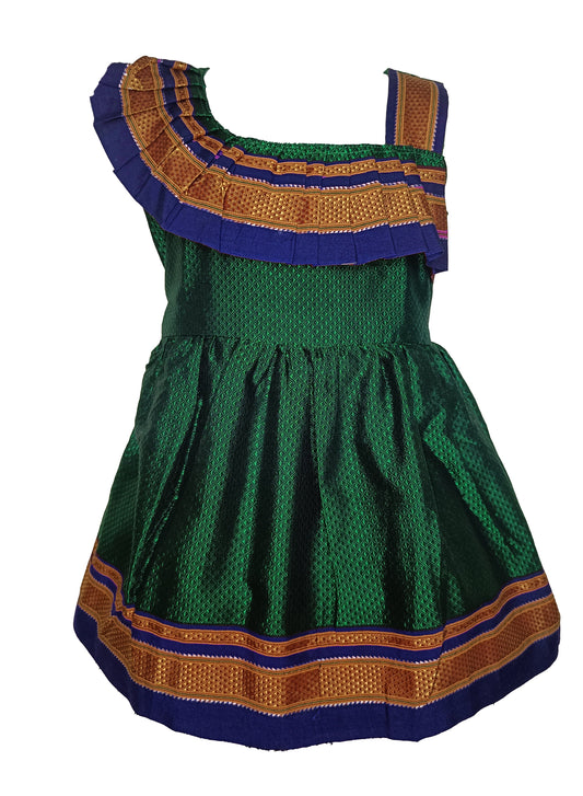 Amba Collection Boutique's Girl's Traditional Ethnic Wear Reshim Cotton Khan Shoulder Freel Green Frock With Blue Border