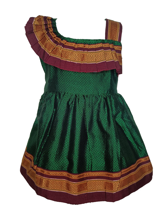 Amba Collection Boutique's Girl's Traditional Ethnic Wear Reshim Cotton Khan Shoulder Freel Green Frock With Brown Border