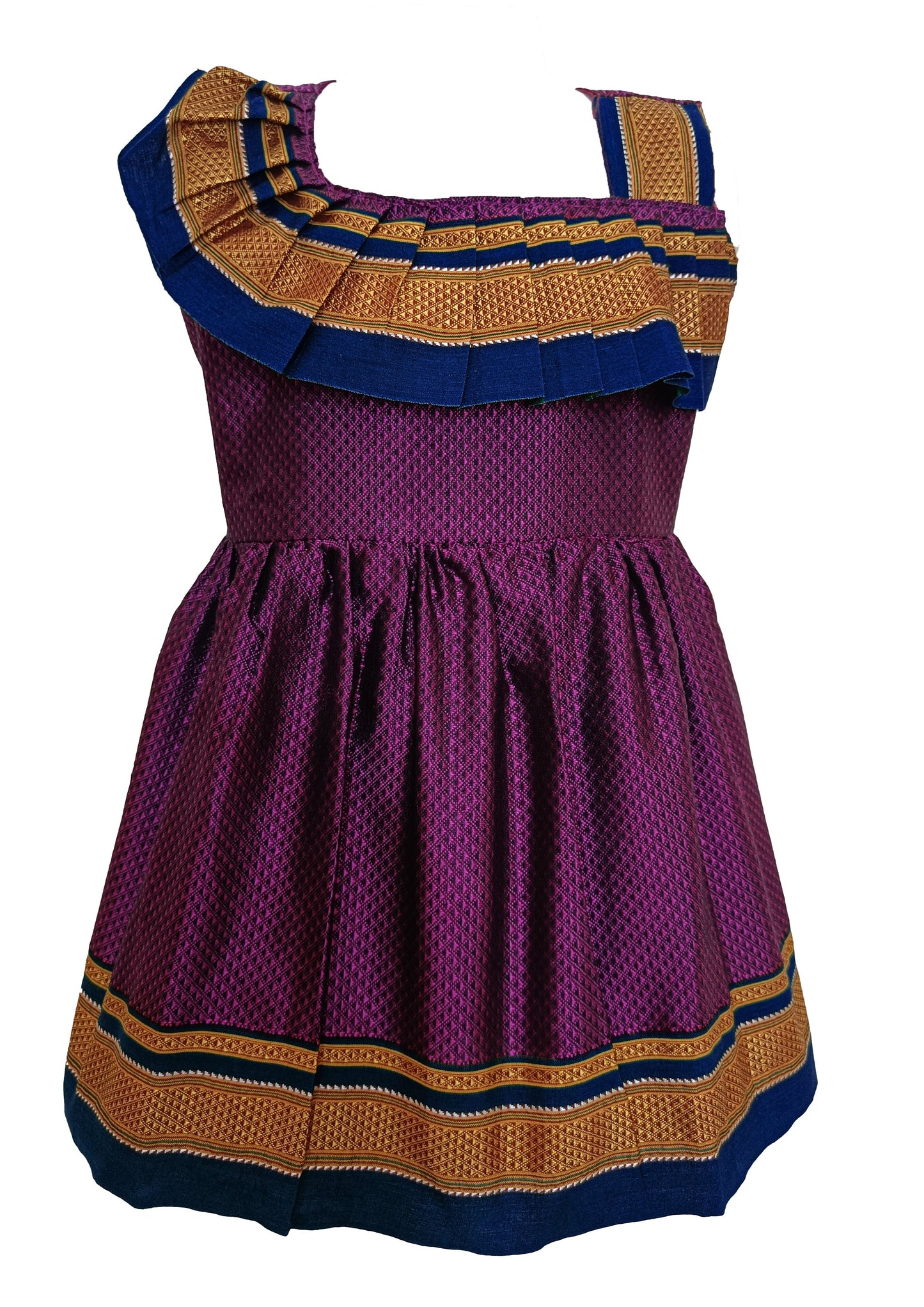 Amba Collection Boutique's Girl's Traditional Ethnic Wear Reshim Cotton Khan Shoulder Freel Purple Frock With Blue Border