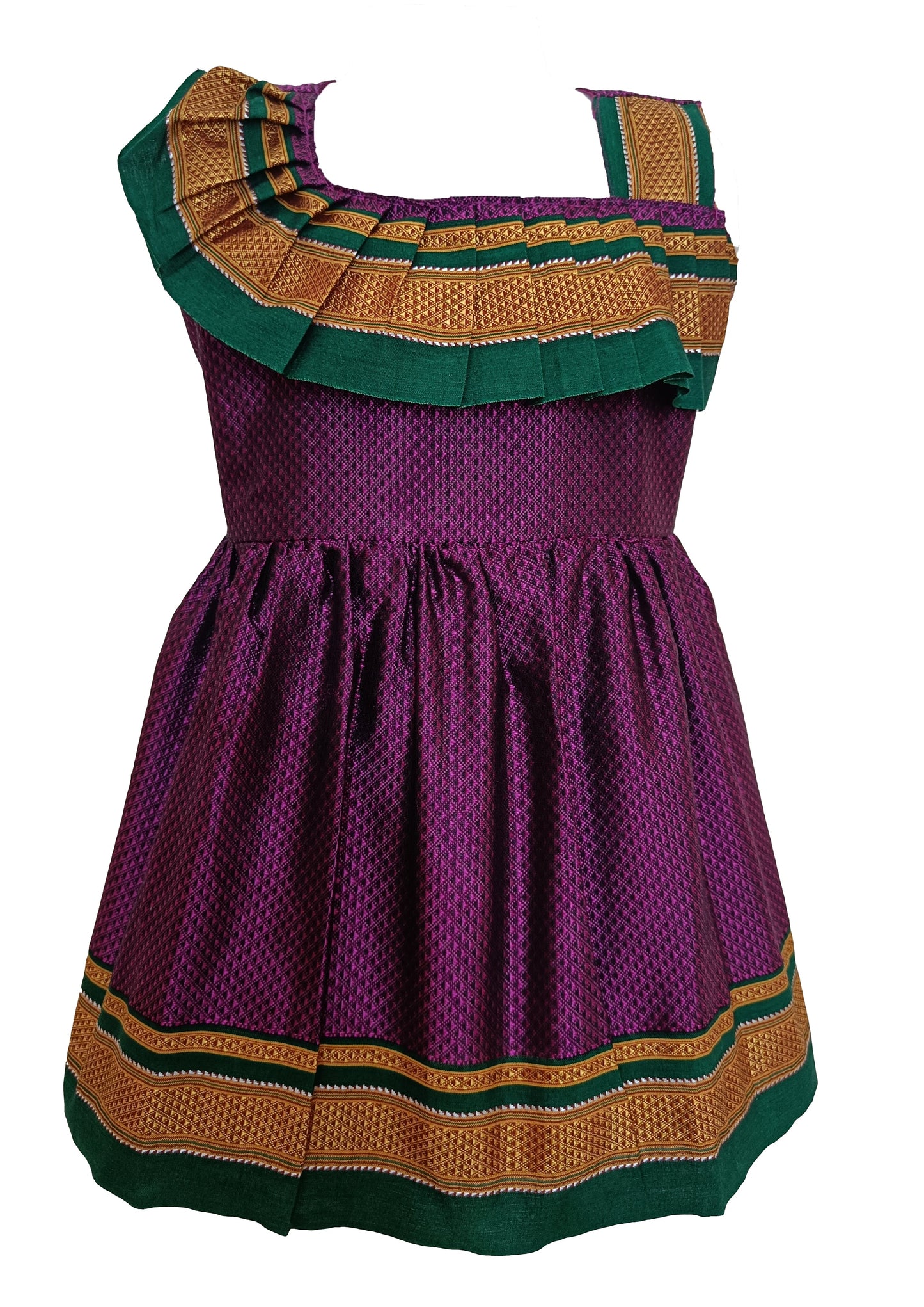 Amba Collection Boutique's Girl's Traditional Ethnic Wear Reshim Cotton Khan Shoulder Freel Purple Frock With Green Border