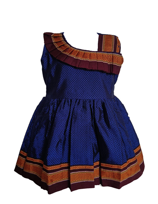 Amba Collection Boutique's Girl's Traditional Ethnic Wear Reshim Cotton Khan Shoulder Freel Royal Blue Frock With Brown Border