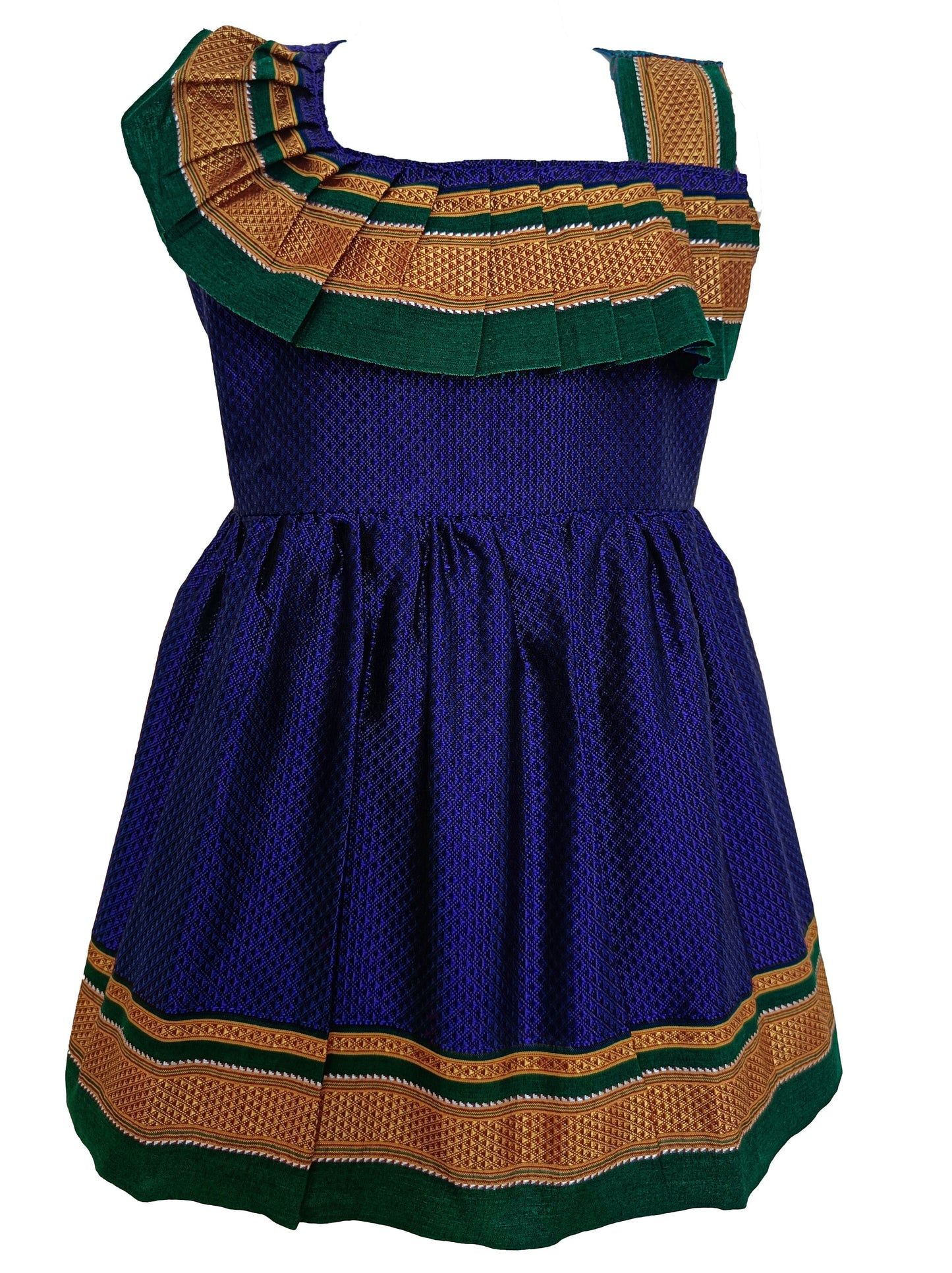 Amba Collection Boutique's Girl's Traditional Ethnic Wear Reshim Cotton Khan Shoulder Freel Royal Blue Frock With Green Border